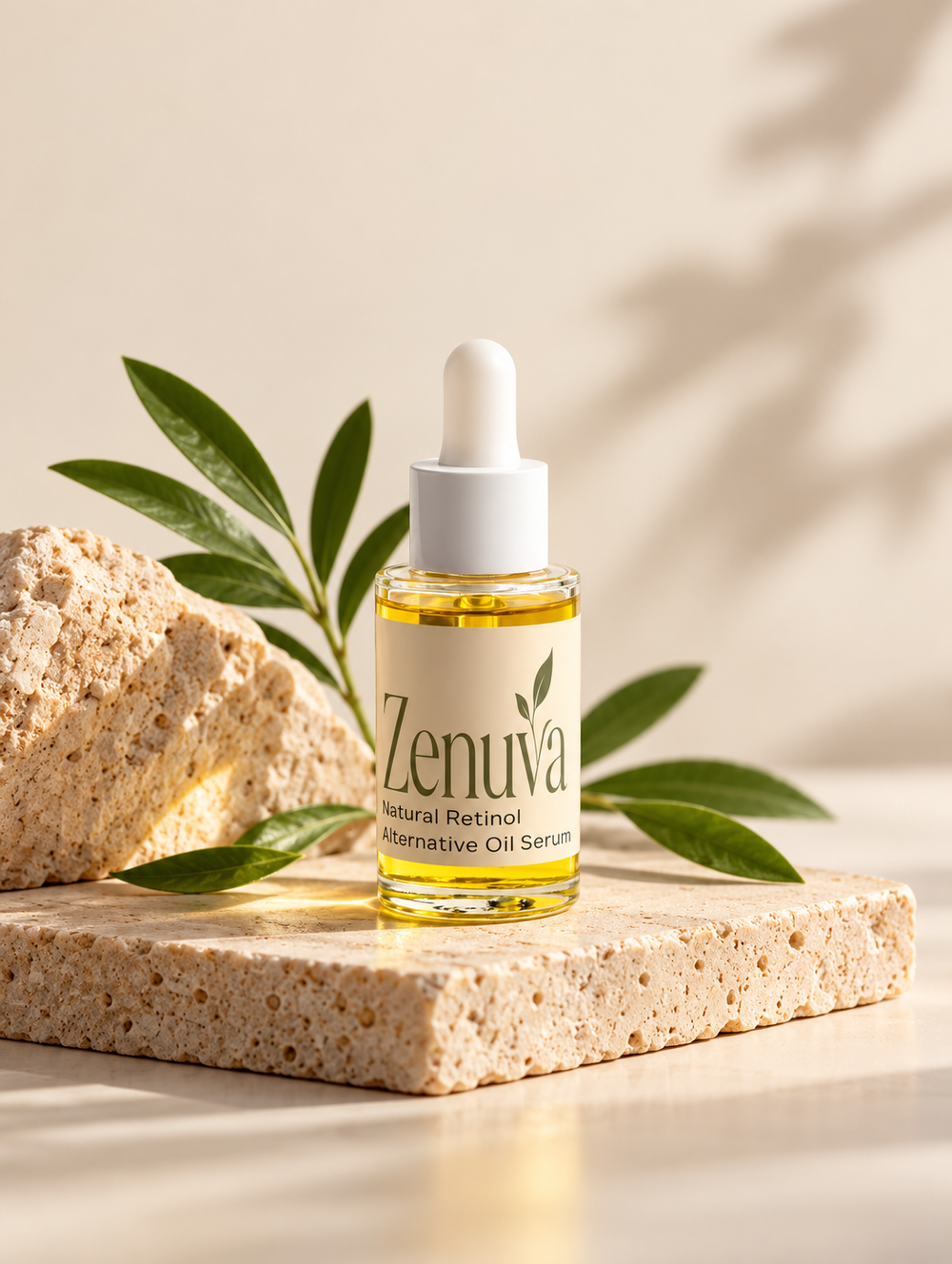 Zenuva bakuchiol oil serum 30 ml dropper bottle on natural stone with green leaves